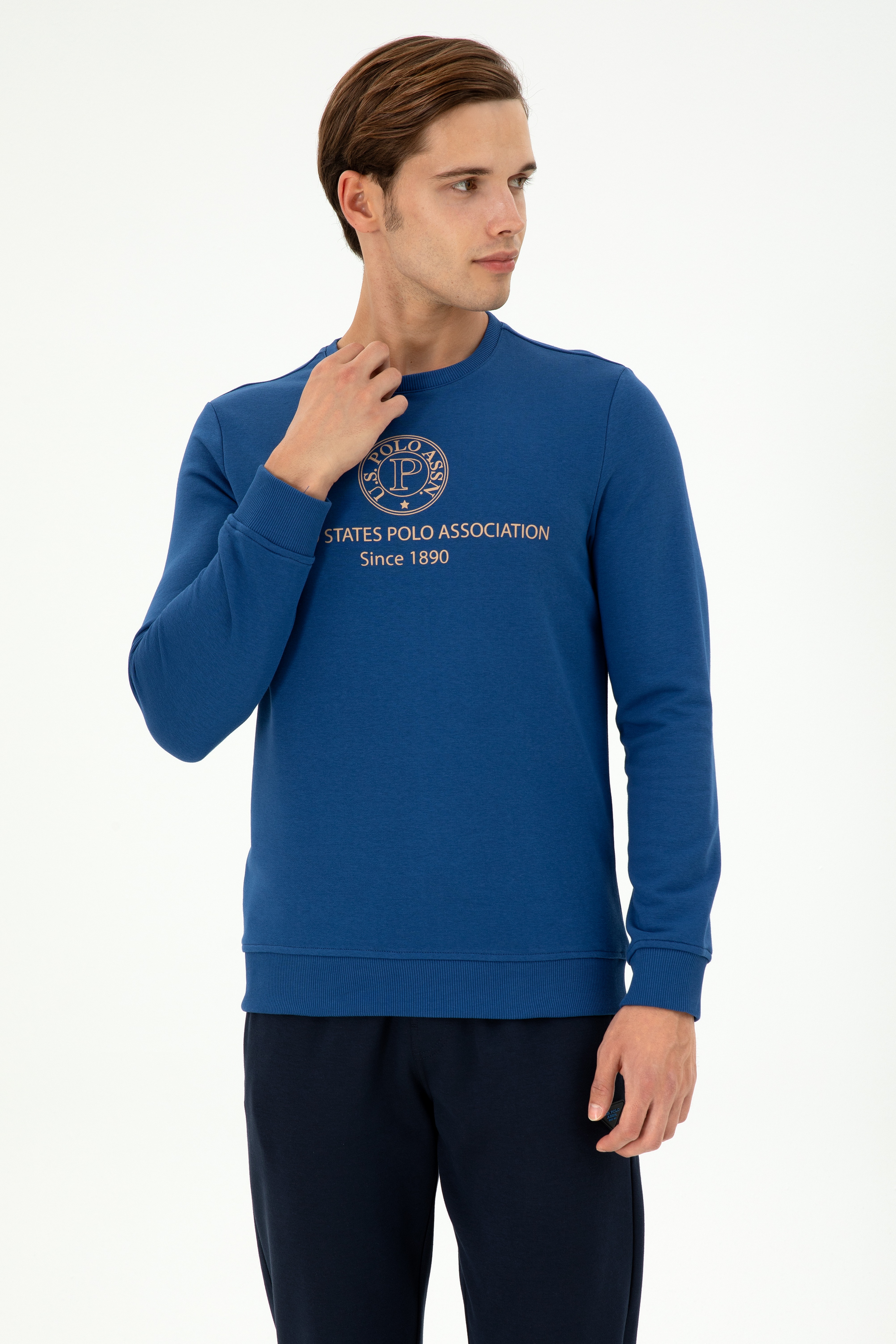 Erkek Regular Fit Bisiklet Yaka İndigo Sweatshirt - Image 1