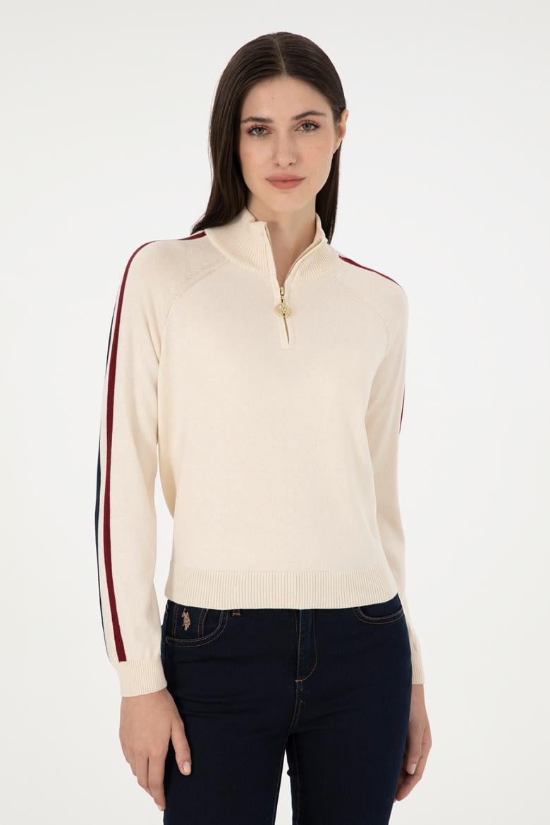 Kadın Krem V Yaka Kazak - 50297098021