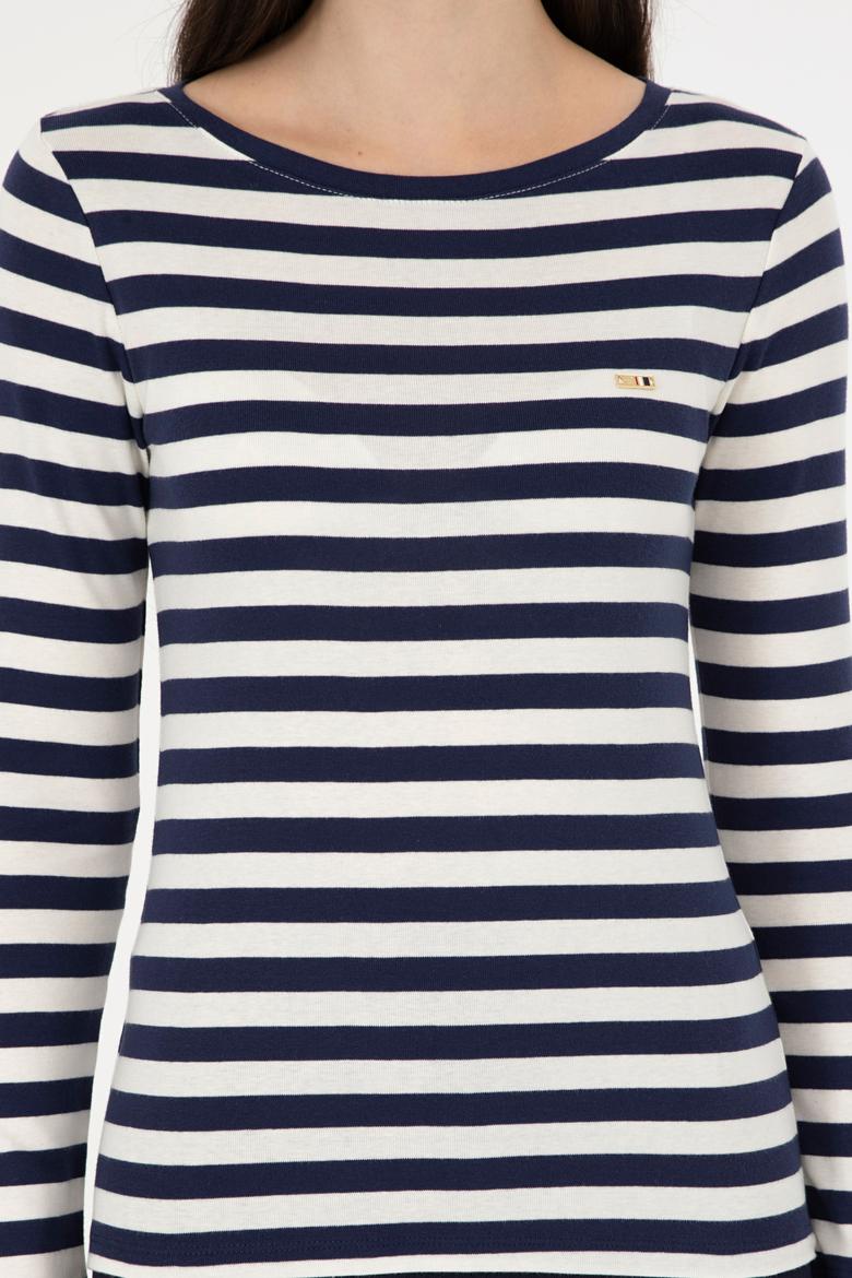 Kadın Lacivert Çizgili Bisiklet Yaka Sweatshirt - 50299102022