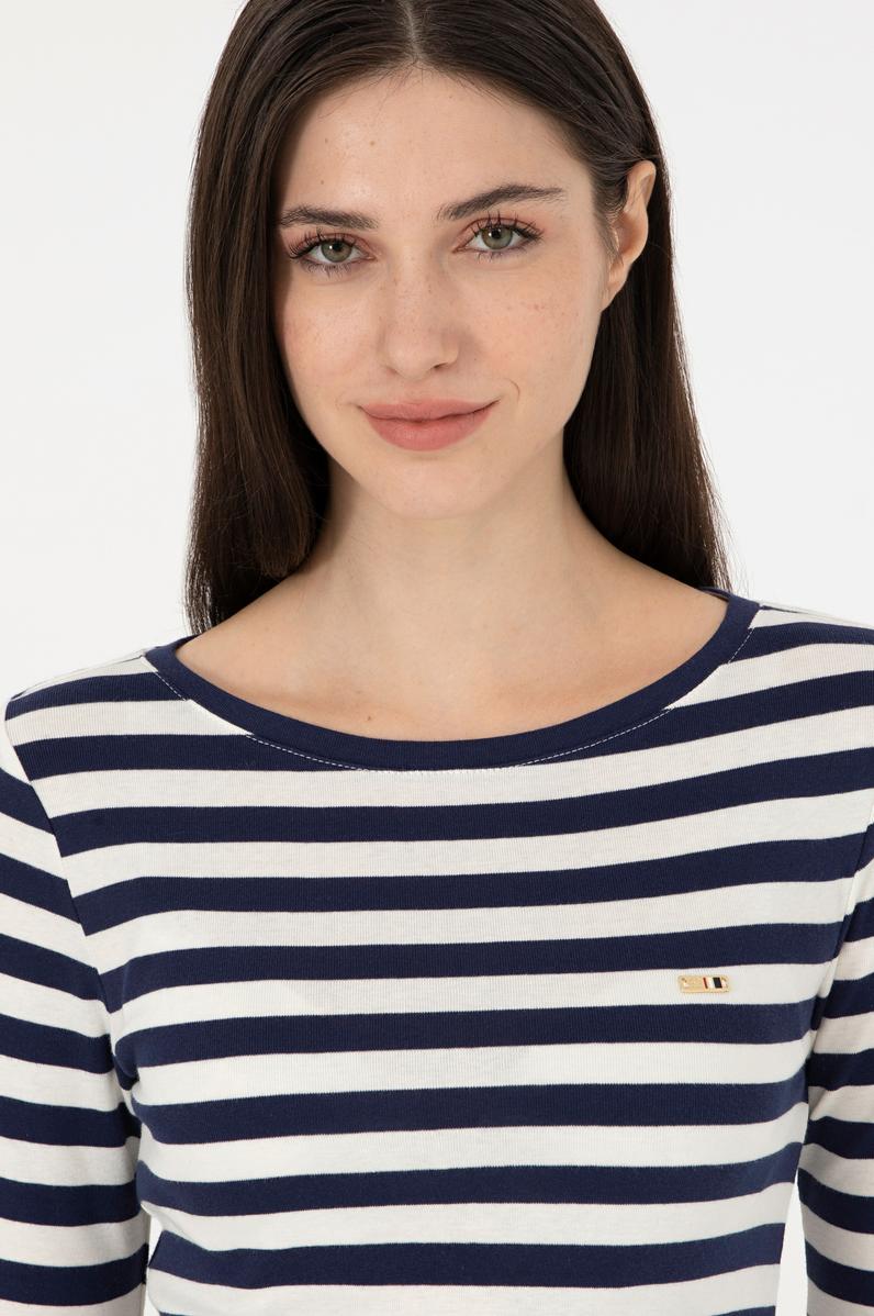 Kadın Lacivert Çizgili Bisiklet Yaka Sweatshirt