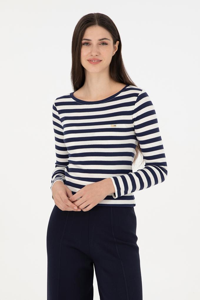 Kadın Lacivert Çizgili Bisiklet Yaka Sweatshirt