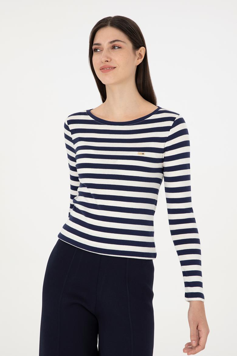 Kadın Lacivert Çizgili Bisiklet Yaka Sweatshirt - 50299102022