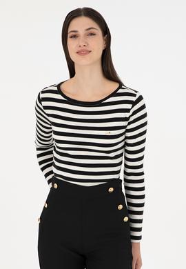 Kadın Siyah Çizgili Bisiklet Yaka Sweatshirt - 50299102009