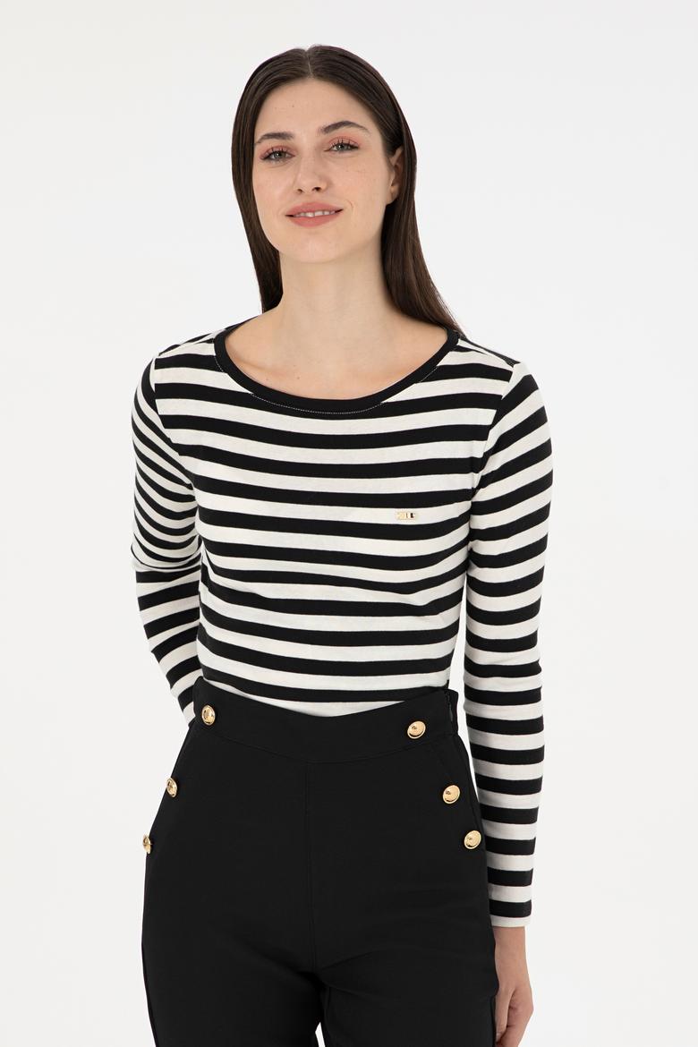 Kadın Siyah Çizgili Bisiklet Yaka Sweatshirt