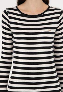 Kadın Siyah Çizgili Bisiklet Yaka Sweatshirt - 50299102009