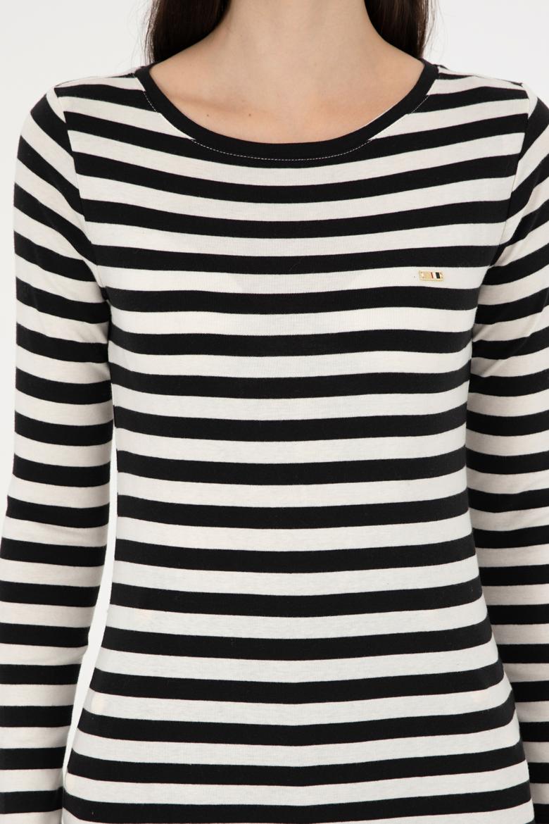 Kadın Siyah Çizgili Bisiklet Yaka Sweatshirt - 50299102009