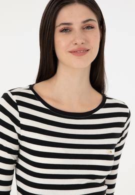 Kadın Siyah Çizgili Bisiklet Yaka Sweatshirt - 50299102009