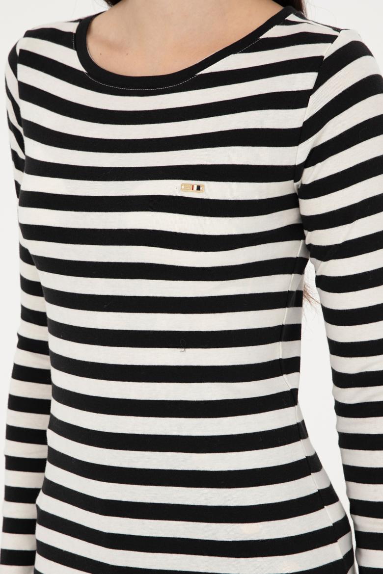 Kadın Siyah Çizgili Bisiklet Yaka Sweatshirt - 50299102009