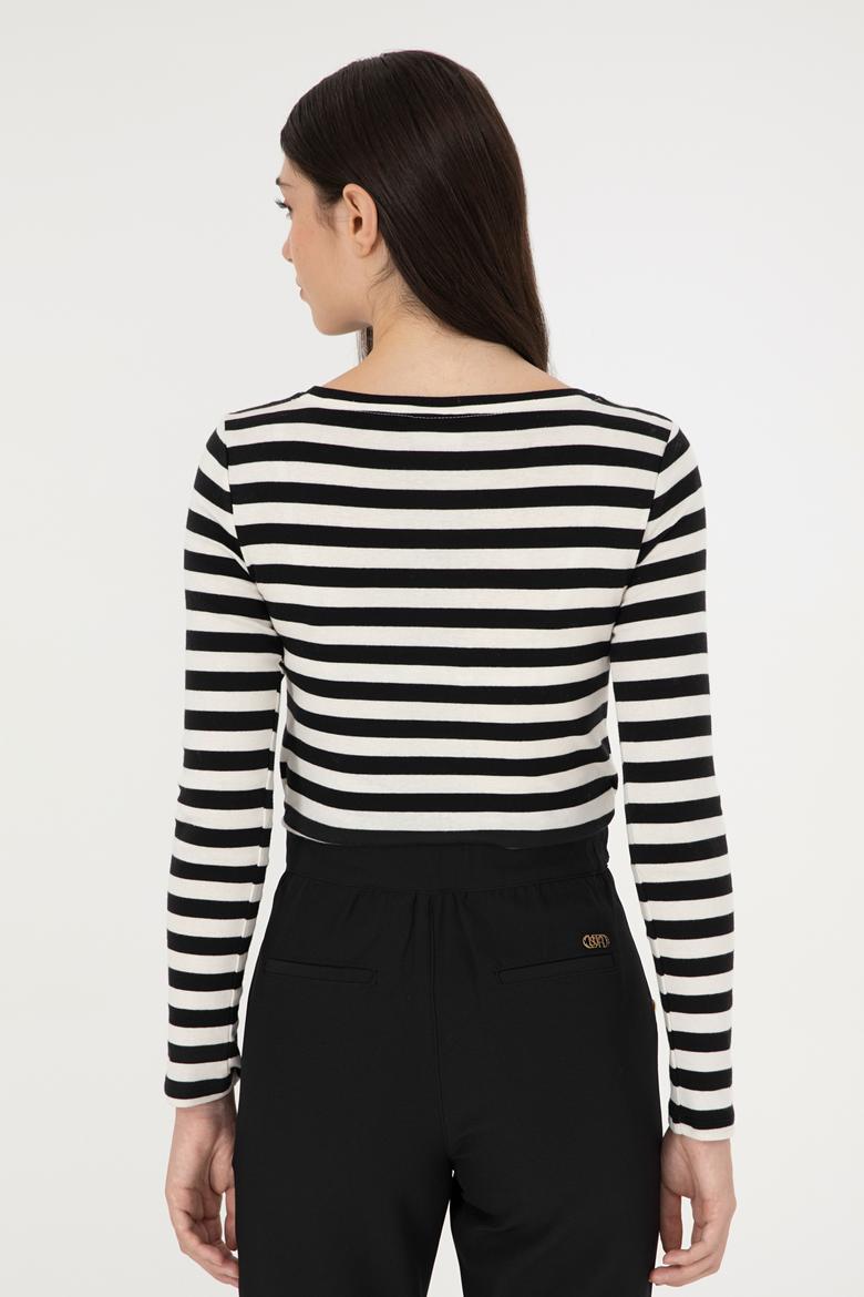 Kadın Siyah Çizgili Bisiklet Yaka Sweatshirt - 50299102009