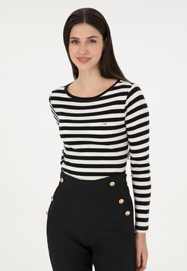 Kadın Siyah Çizgili Bisiklet Yaka Sweatshirt - 50299102009