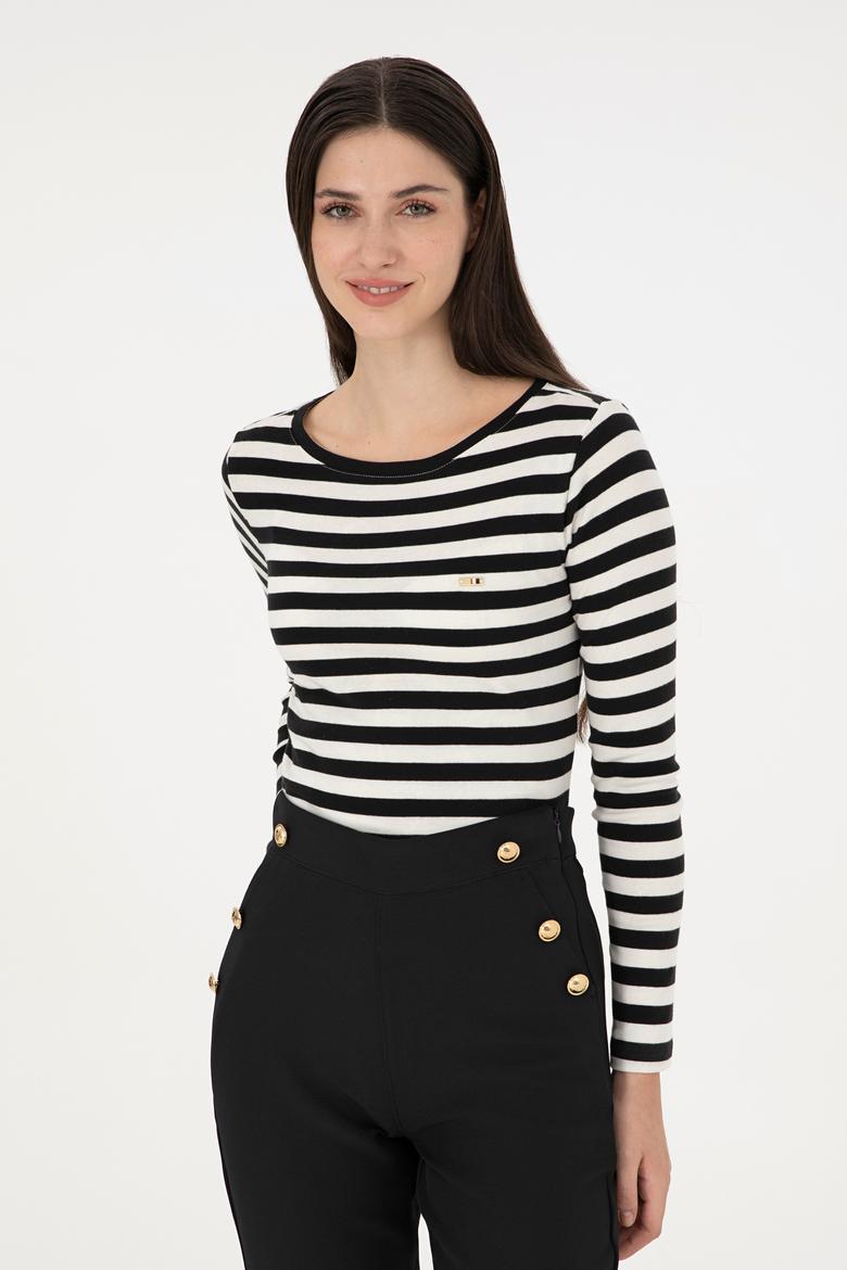 Kadın Siyah Çizgili Bisiklet Yaka Sweatshirt - 50299102009