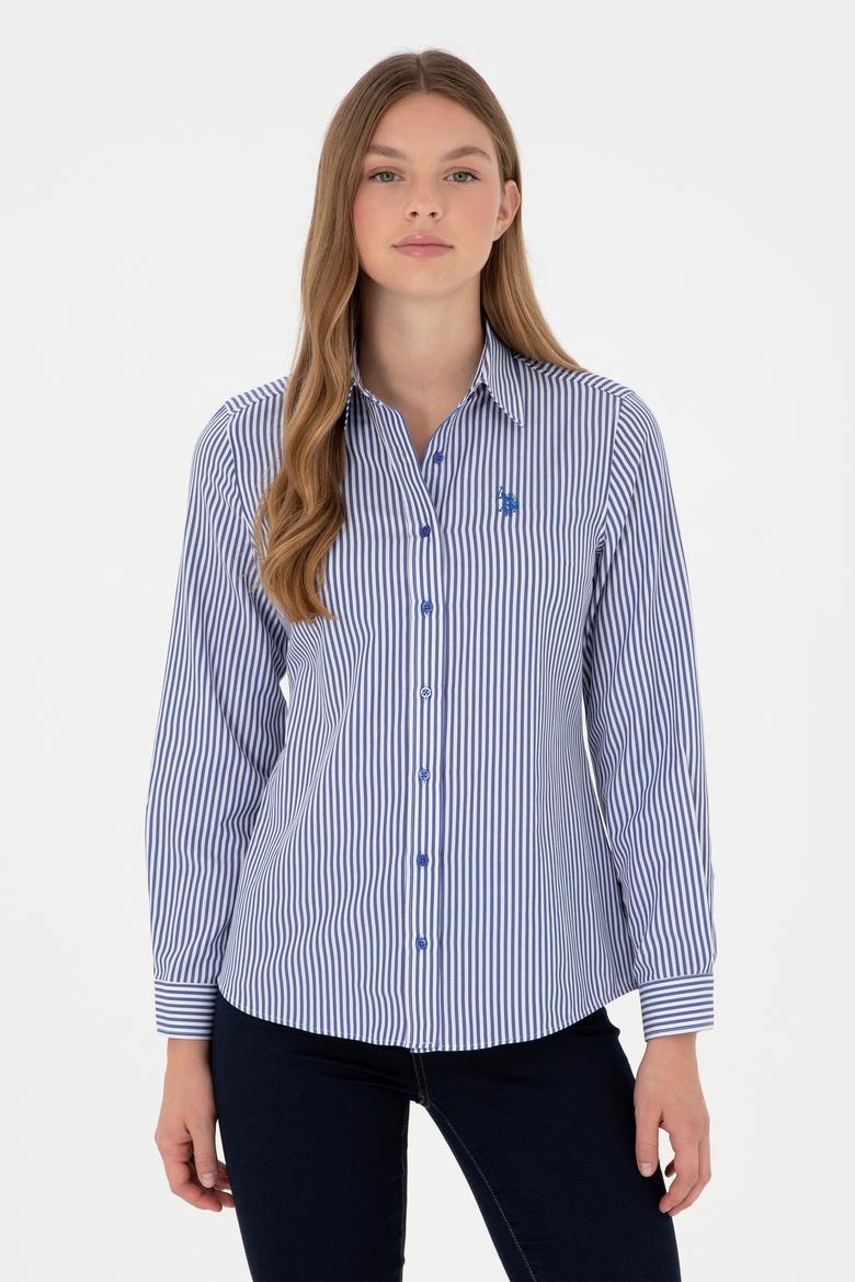 Kadın Saks Uzun Kollu Çizgili Gömlek