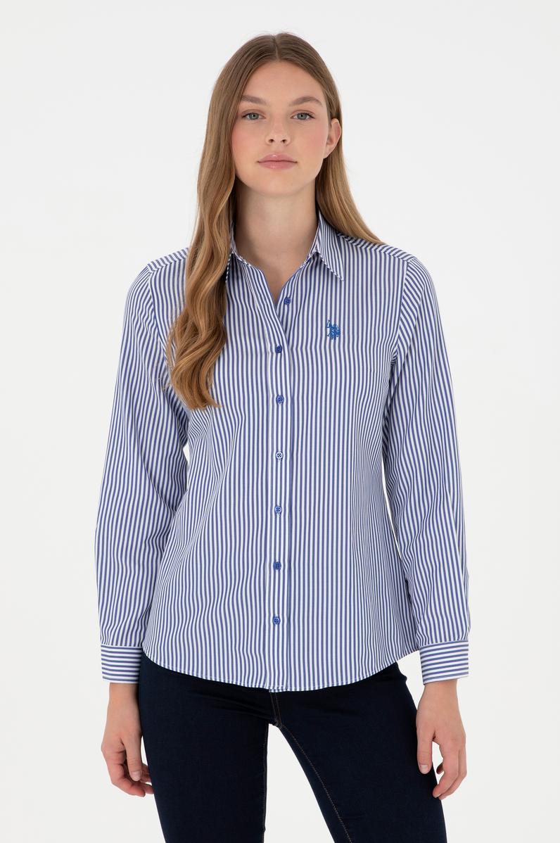 Kadın Saks Uzun Kollu Çizgili Gömlek