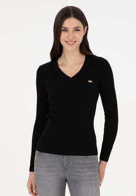 Kadın Siyah V Yaka Simli  Kazak - 50297398024