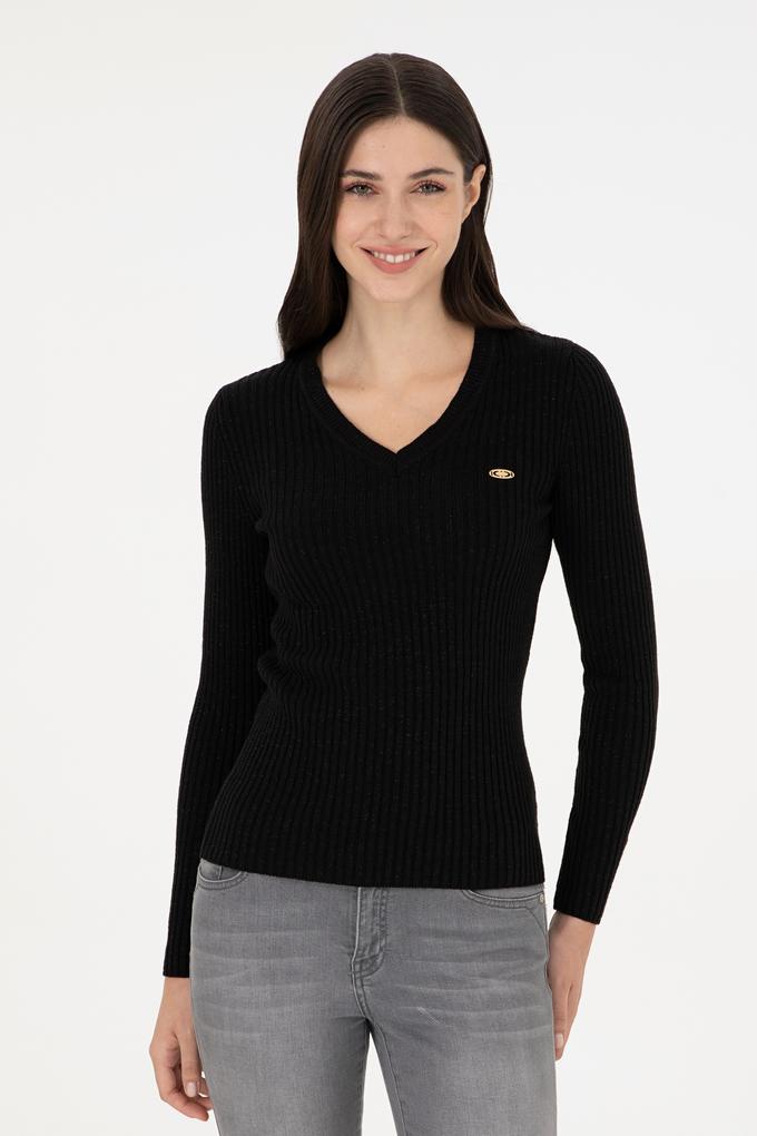 Kadın Siyah V Yaka Simli  Kazak