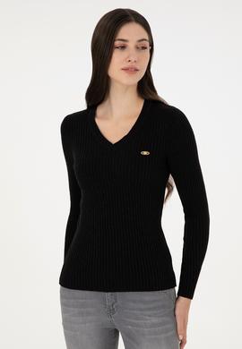 Kadın Siyah V Yaka Simli  Kazak - 50297398024