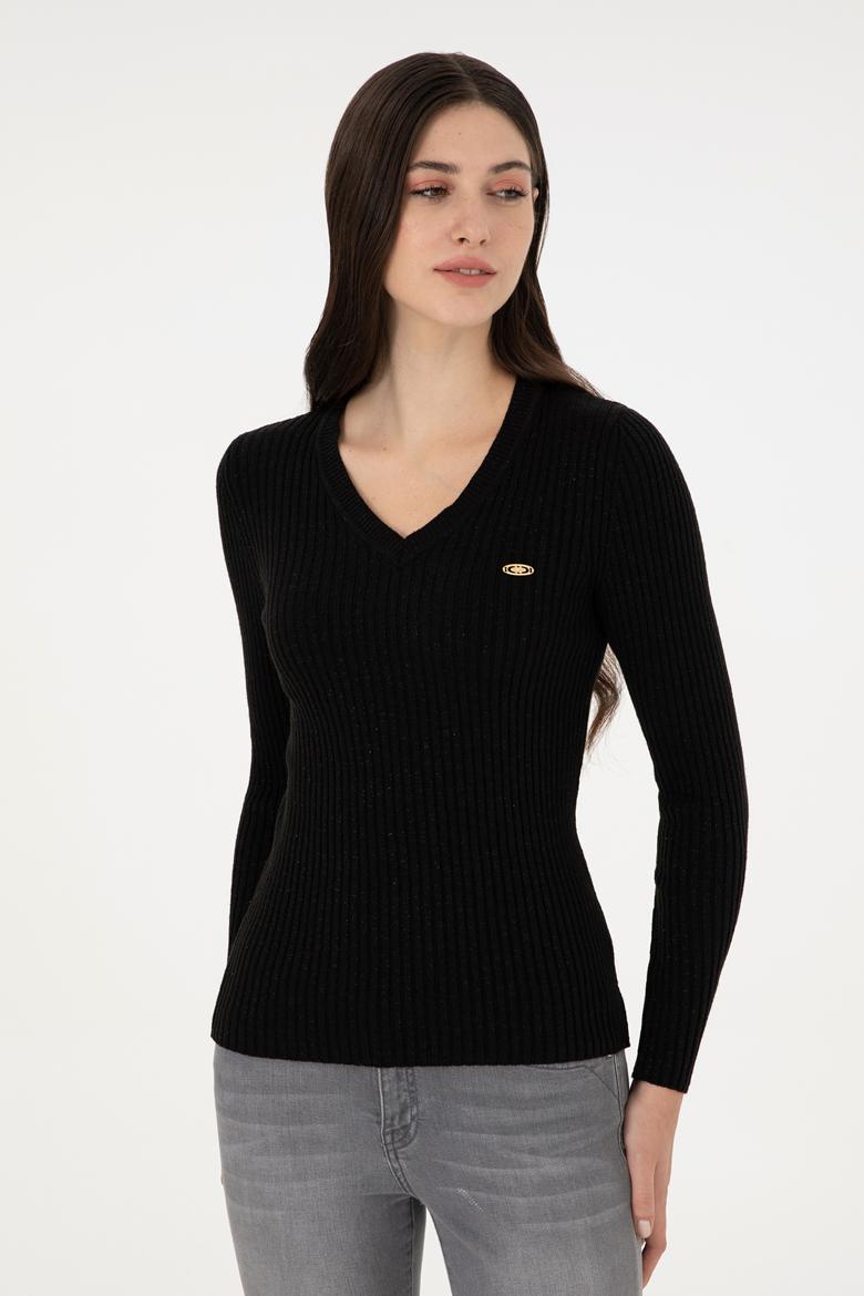 Kadın Siyah V Yaka Simli  Kazak - 50297398024