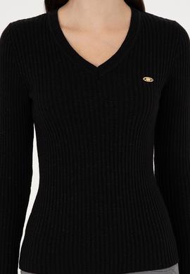 Kadın Siyah V Yaka Simli  Kazak - 50297398024