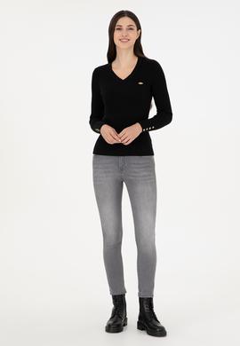 Kadın Siyah V Yaka Simli  Kazak - 50297398024