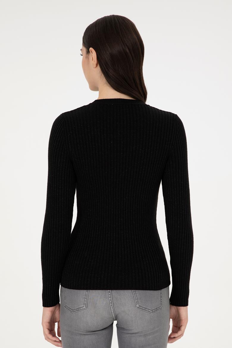 Kadın Siyah V Yaka Simli  Kazak - 50297398024