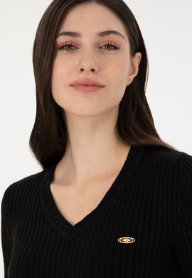 Kadın Siyah V Yaka Simli  Kazak - 50297398024