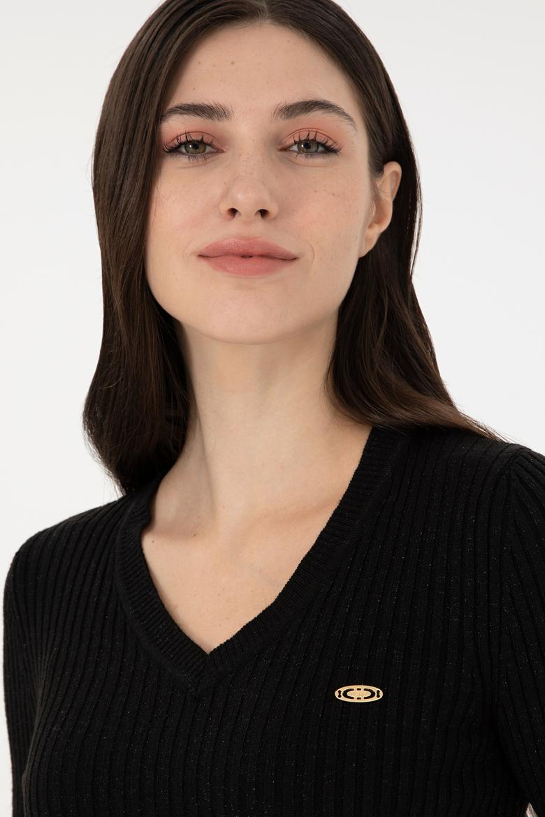 Kadın Siyah V Yaka Simli  Kazak - 50297398024