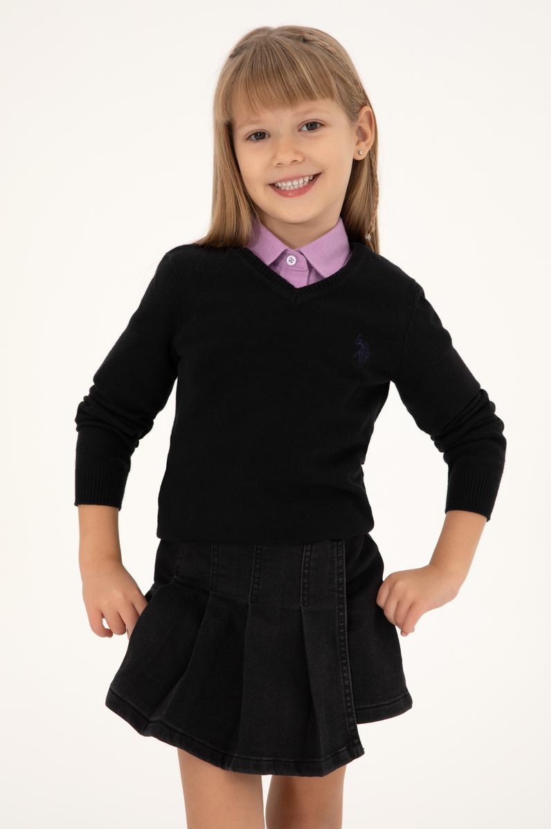 Kız Çocuk Siyah V Yaka Basic Kazak