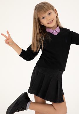 Kız Çocuk Siyah V Yaka Basic Kazak - 50294198060