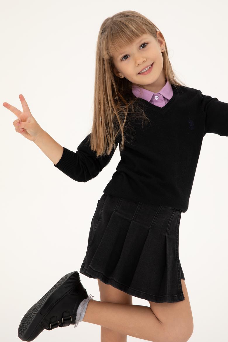 Kız Çocuk Siyah V Yaka Basic Kazak - 50294198060