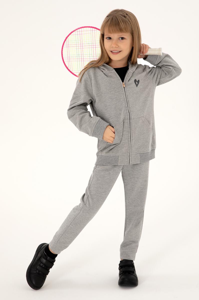 Kız Çocuk Gri Melanj Fermuarlı Sweatshirt