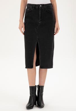 Kadın Siyah Midi Boy Jean Etek - 50295993014