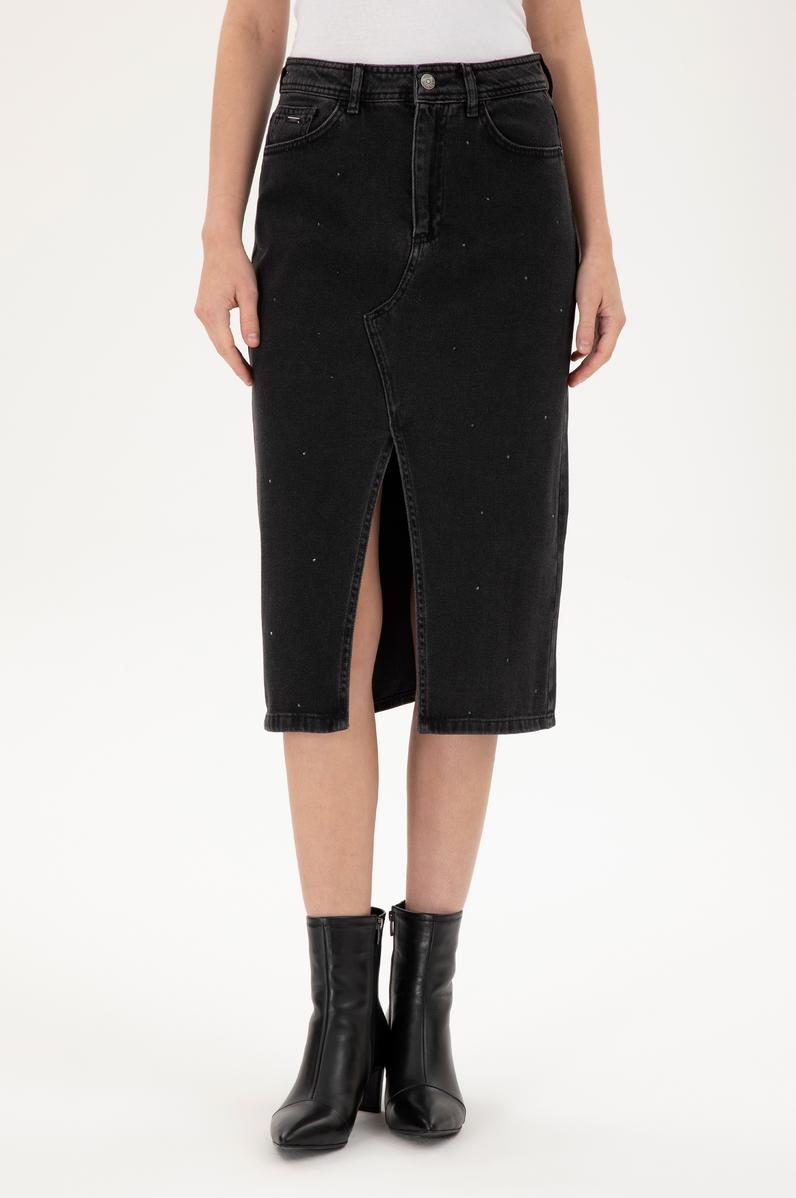 Kadın Siyah Midi Boy Jean Etek
