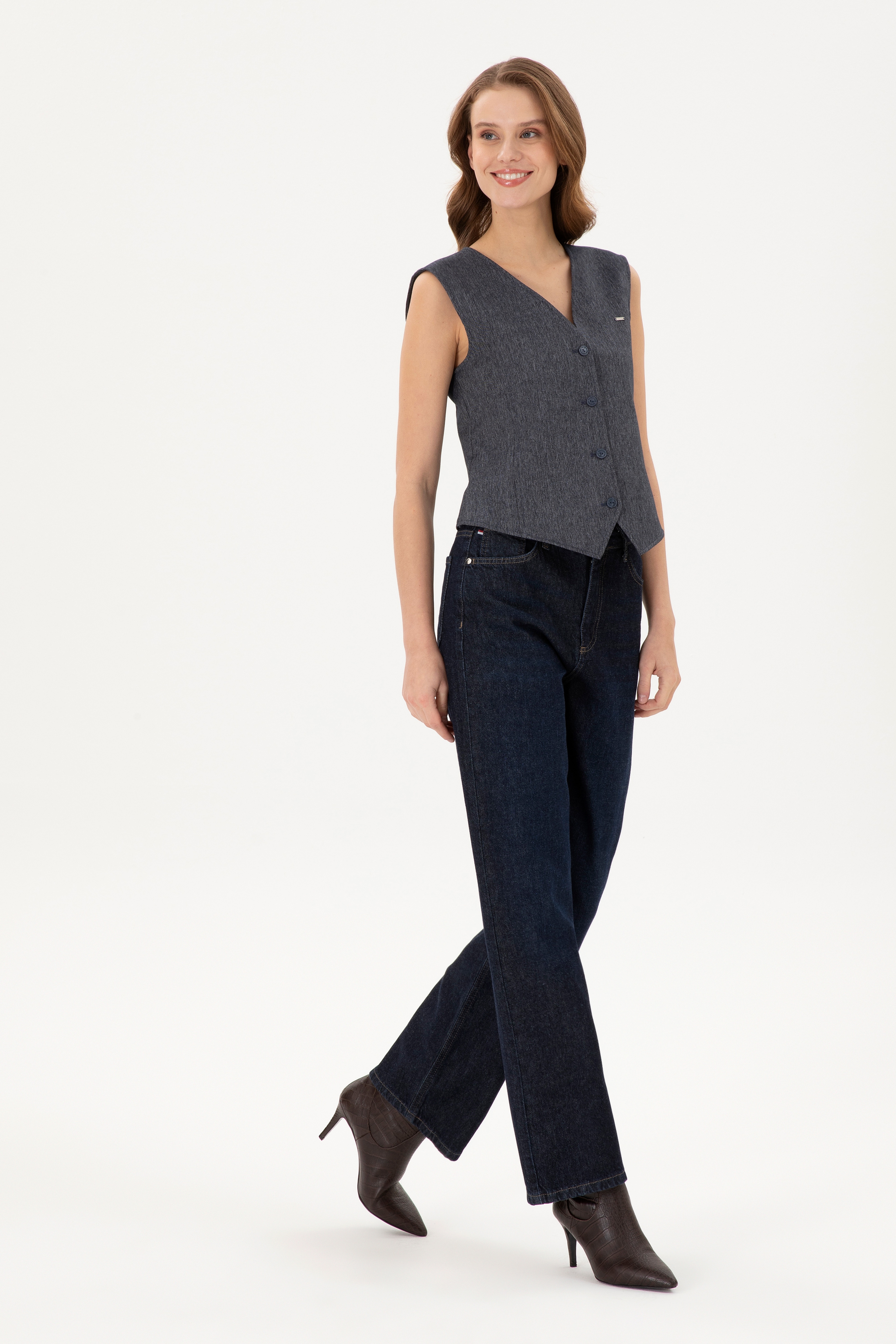 Kadın Koyu Mavi Flare High Waist Fit Jean Pantolon - Image 1