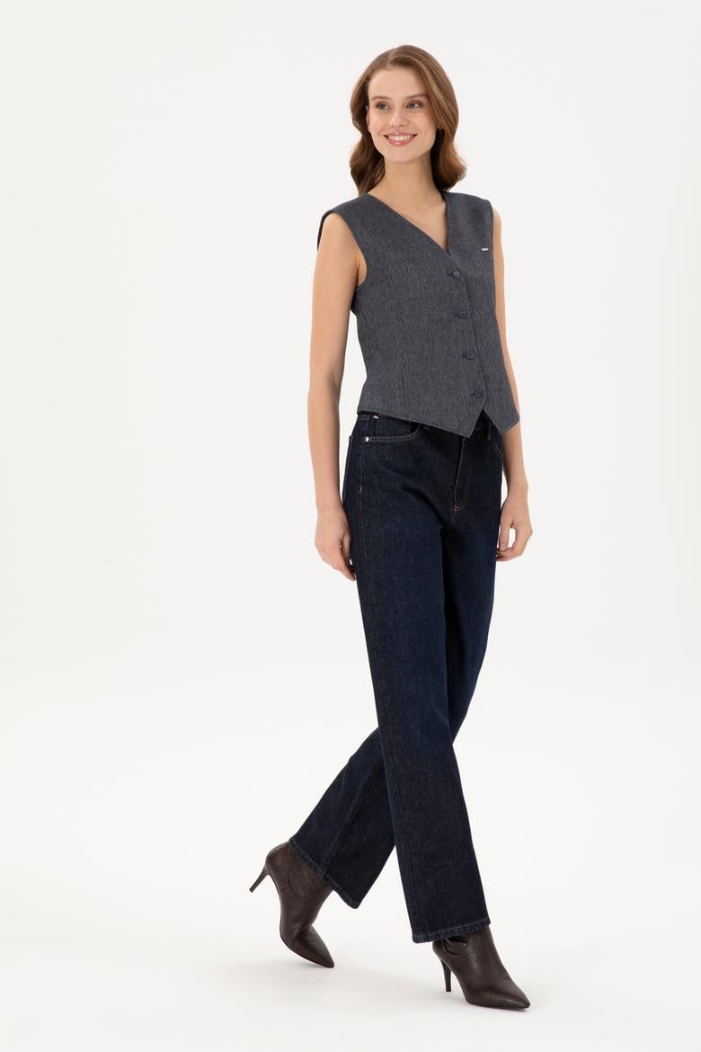 Kadın Koyu Mavi Flare High Waist Fit Jean Pantolon