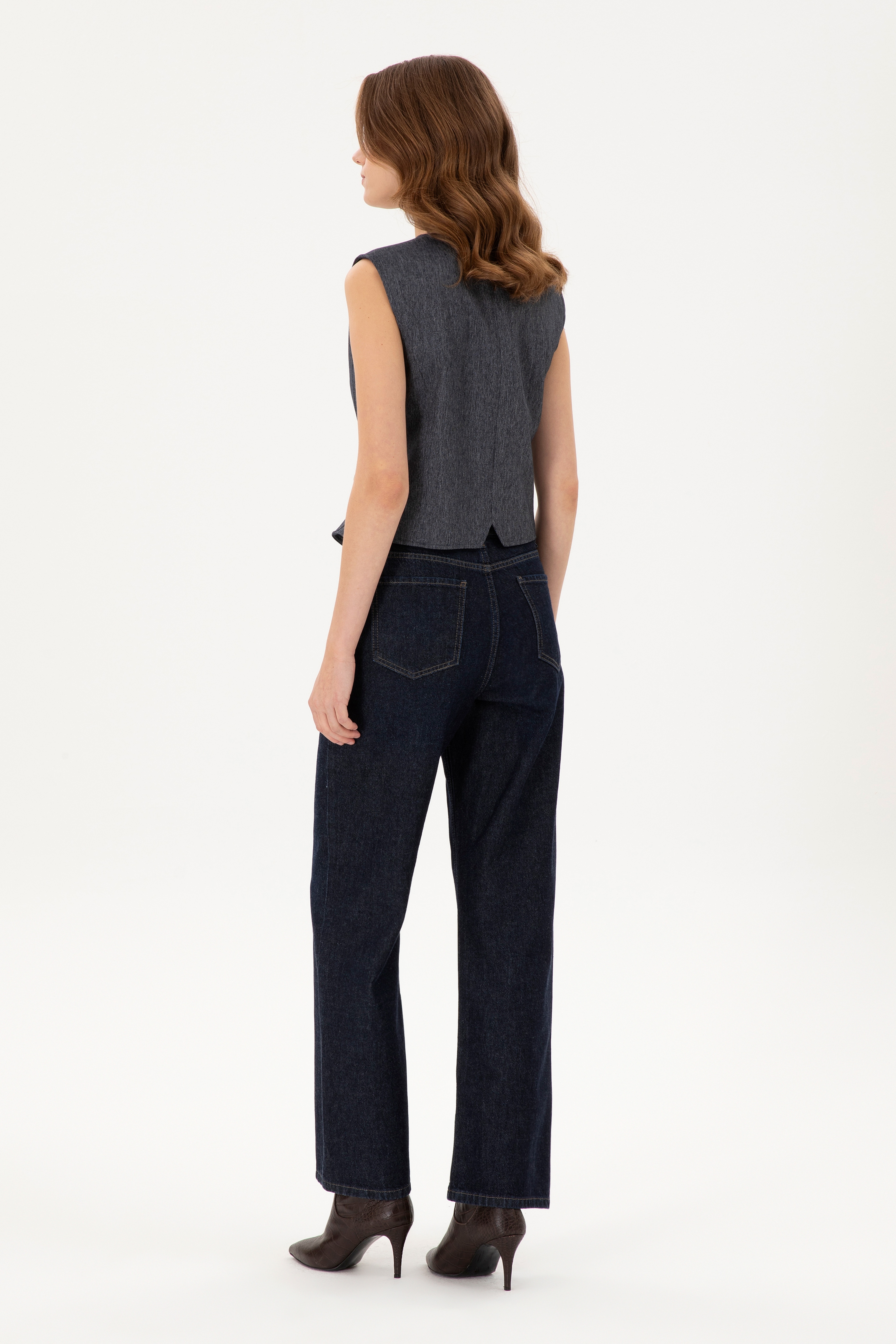 Kadın Koyu Mavi Flare High Waist Fit Jean Pantolon - Image 4