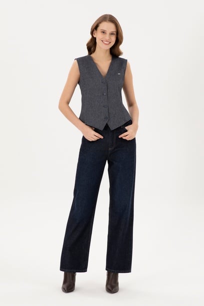 Kadın Koyu Mavi Flare High Waist Fit Jean Pantolon