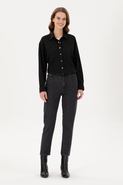 Kadın Siyah Mom High Waist Fit Jean Pantolon