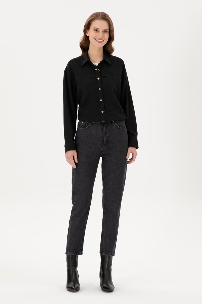 Kadın Siyah Mom High Waist Fit Jean Pantolon