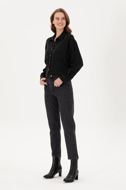 Kadın Siyah Mom High Waist Fit Jean Pantolon