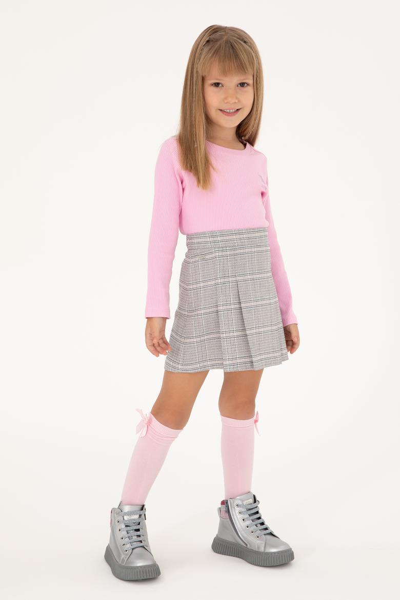 Kız Çocuk Gri Ekose Pileli Dokuma Etek