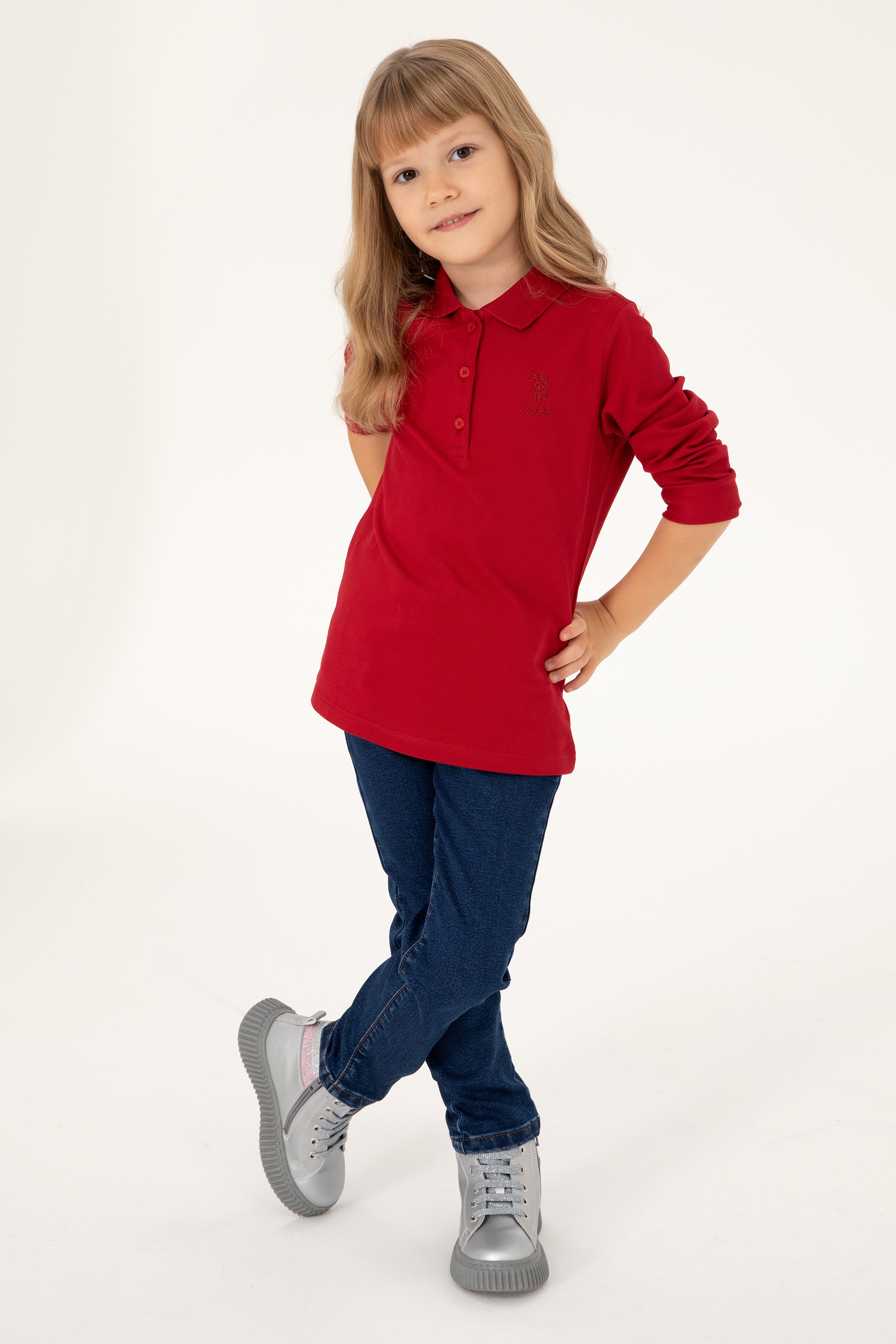 Kız Çocuk Kırmızı Polo Yaka Basic Sweatshirt - Image 1