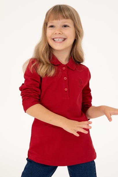 Kız Çocuk Kırmızı Polo Yaka Basic Sweatshirt
