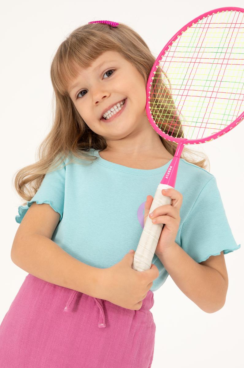 Kız Çocuk Su Yeşili Bisiklet Yaka Basic Tişört