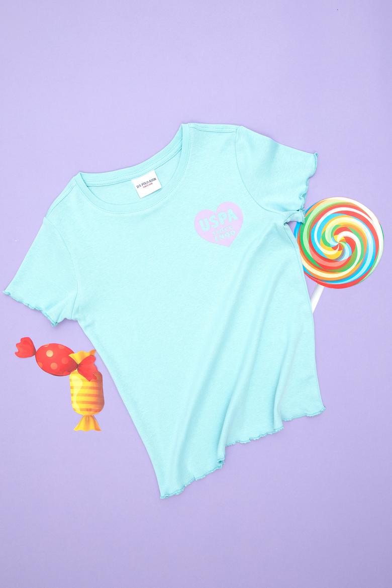 Kız Çocuk Su Yeşili Bisiklet Yaka Basic Tişört - 50294747018