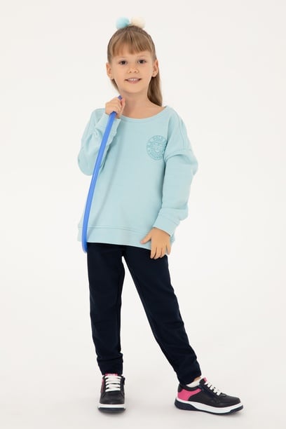 Kız Çocuk Su Yeşili Bisiklet Yaka Basic Sweatshirt