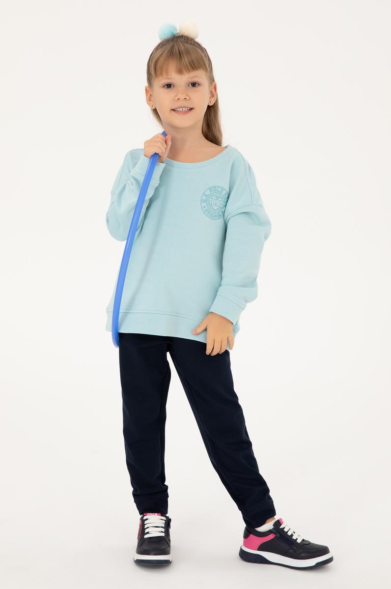 Kız Çocuk Su Yeşili Bisiklet Yaka Basic Sweatshirt