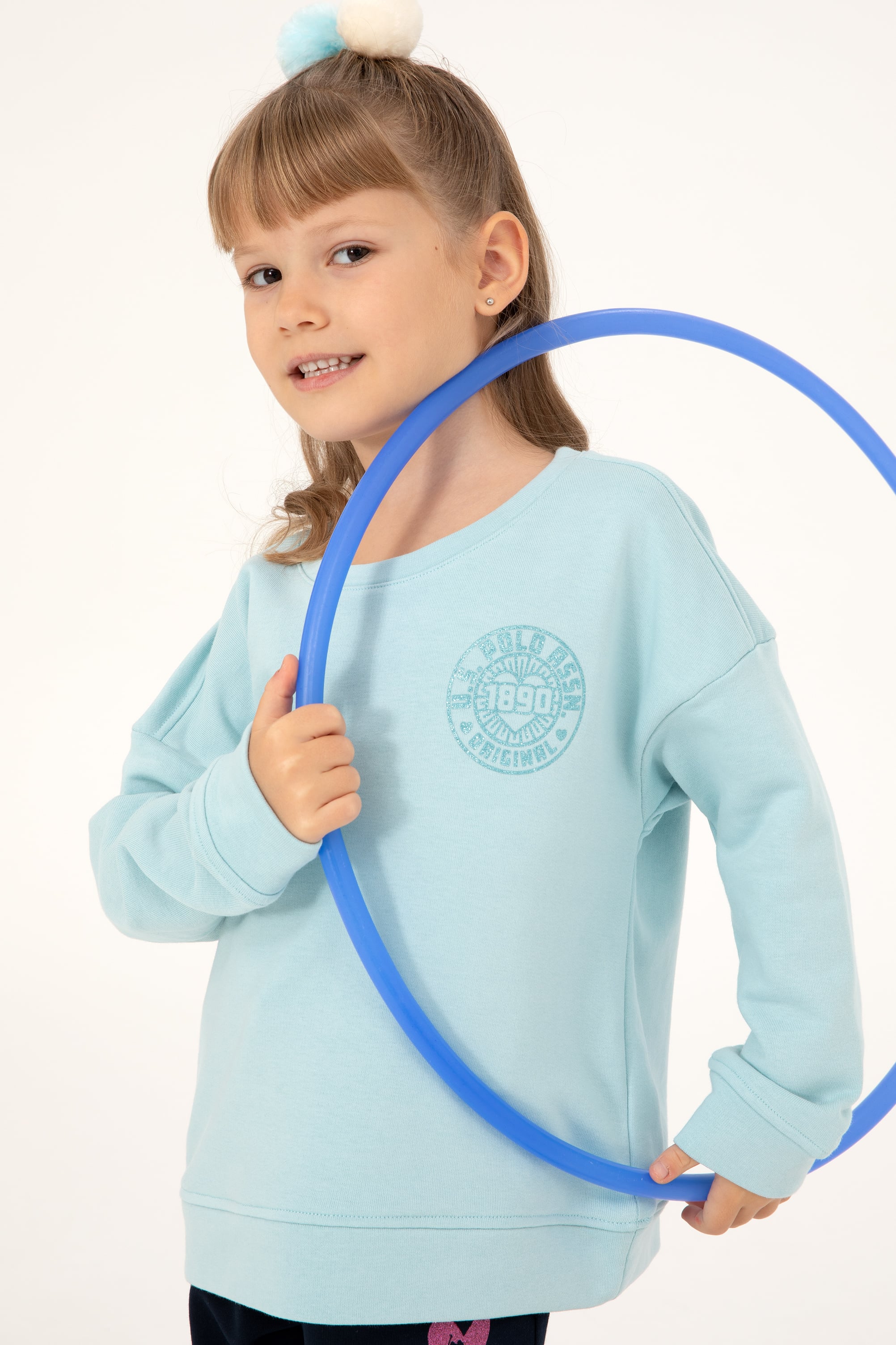 Kız Çocuk Su Yeşili Bisiklet Yaka Basic Sweatshirt