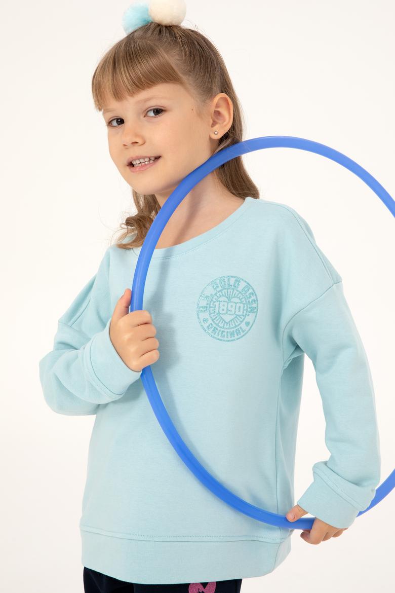 Kız Çocuk Su Yeşili Bisiklet Yaka Basic Sweatshirt