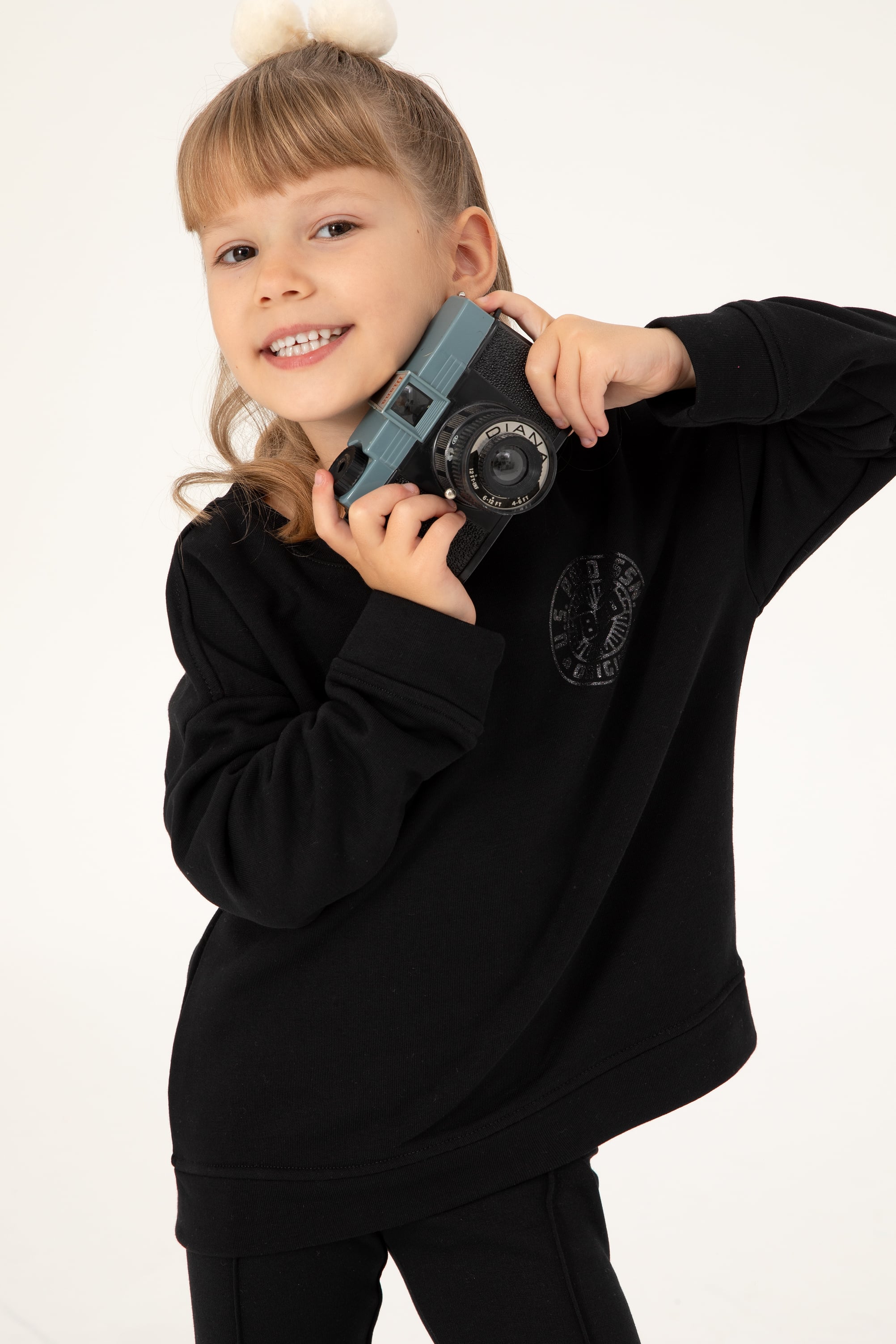 Kız Çocuk Siyah Bisiklet Yaka Basic Sweatshirt