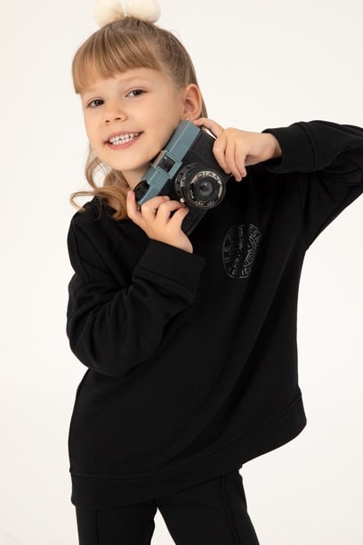 Kız Çocuk Siyah Bisiklet Yaka Basic Sweatshirt